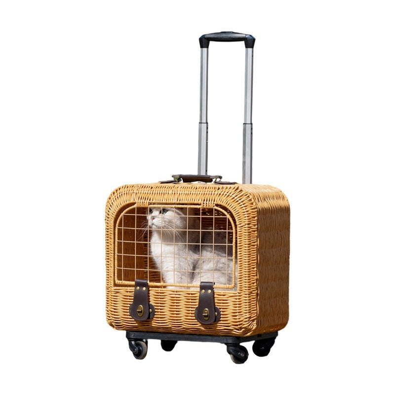 Portable Woven Rattan Pet Carrier With Ventilated Handle Design