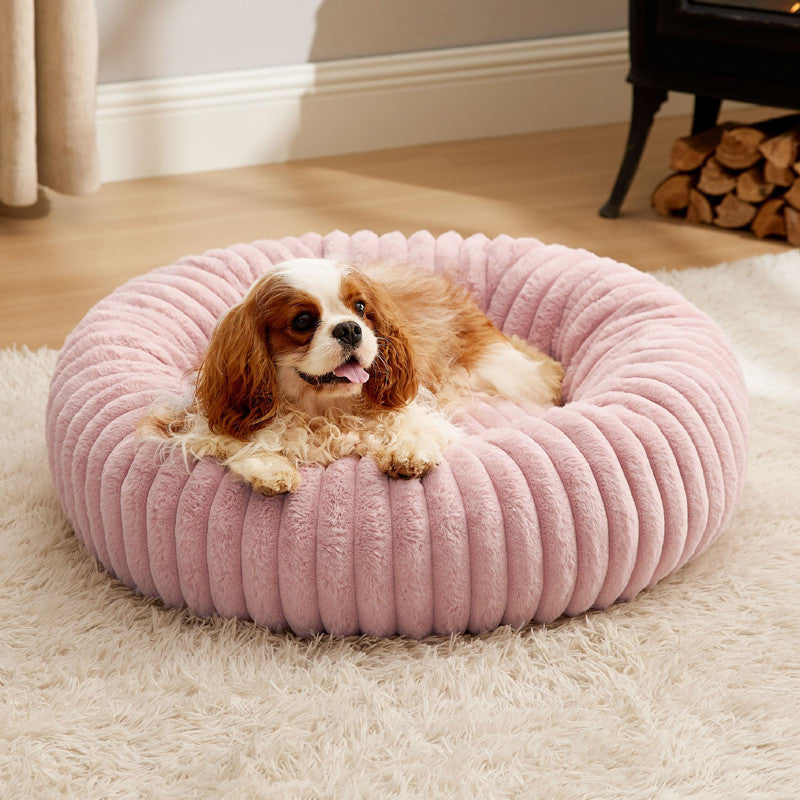 Plush Round Pet Bed With Warm Vertical Stripe Comfort Mat