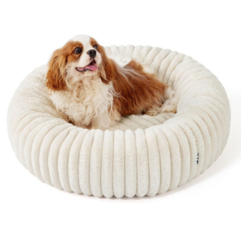 Plush Round Pet Bed With Warm Vertical Stripe Comfort Mat