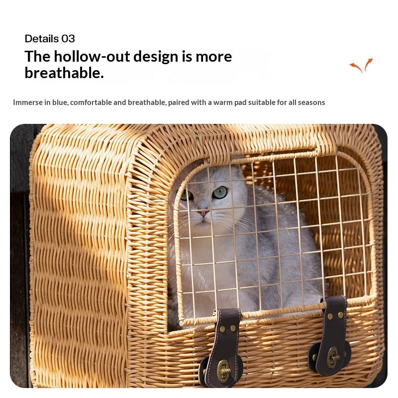 Portable Woven Rattan Pet Carrier With Ventilated Handle Design