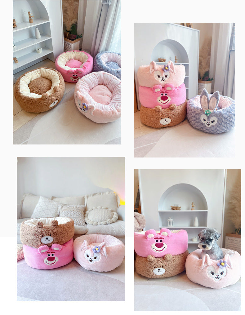Cartoon Plush Round All Seasons Cozy Pet Bed