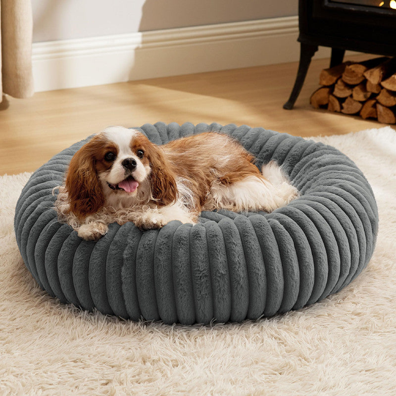 Plush Round Pet Bed With Warm Vertical Stripe Comfort Mat