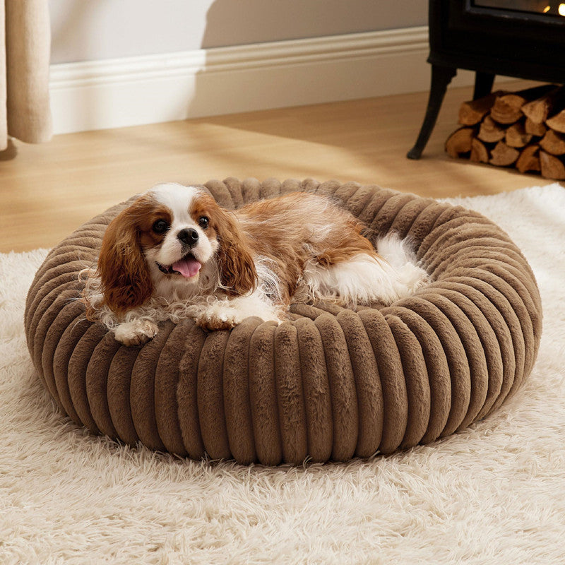 Plush Round Pet Bed With Warm Vertical Stripe Comfort Mat