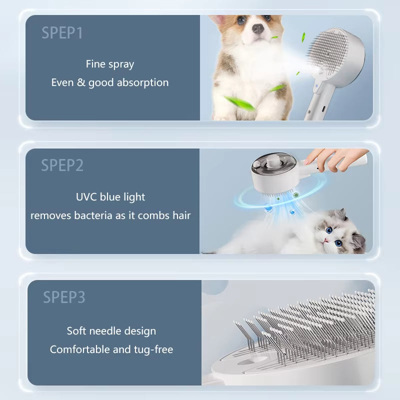 3-In-1 Electric Steam Pet Grooming Brush With Massage Spray