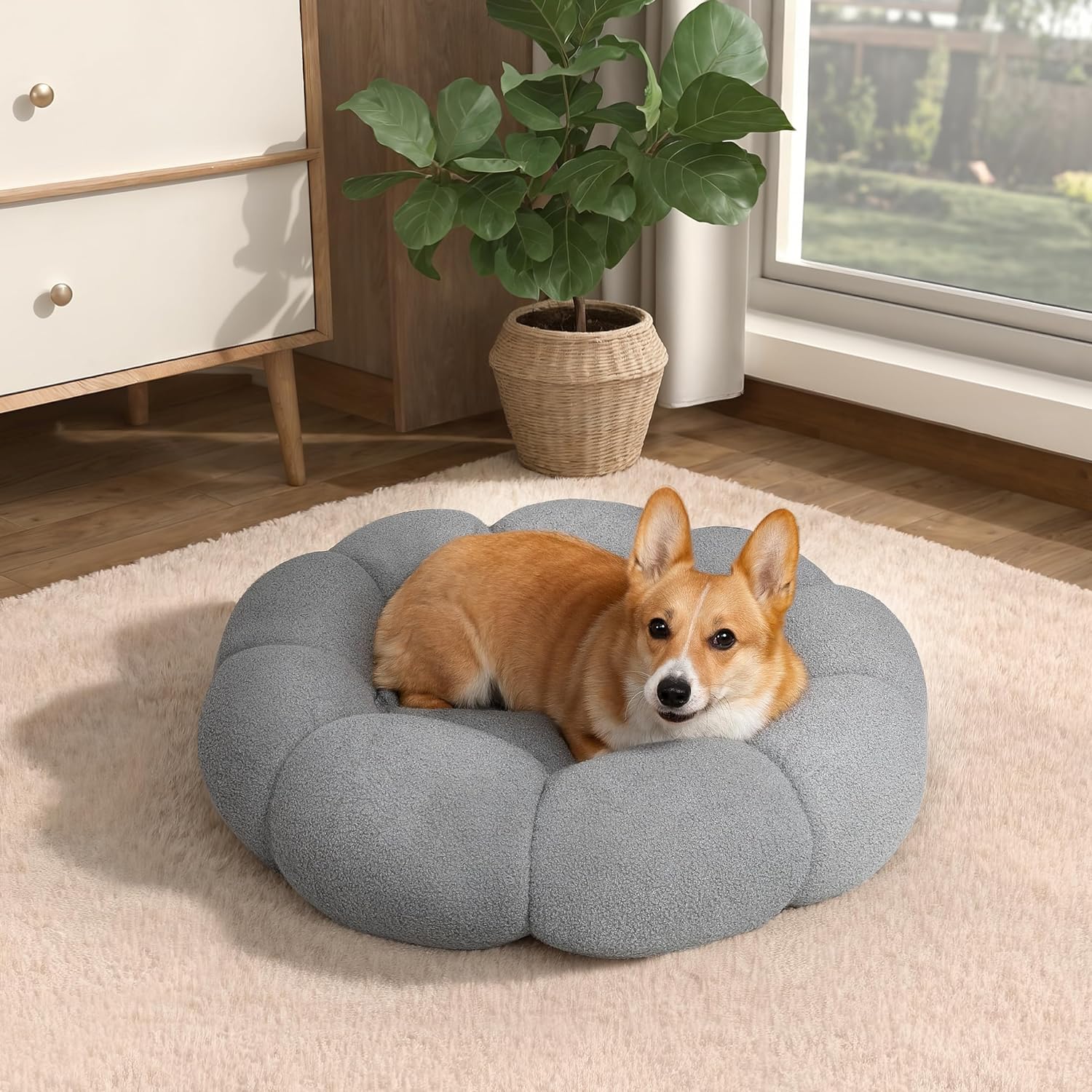 Calming Fluffy Round Plush Sherpa Non Slip Pet Bed