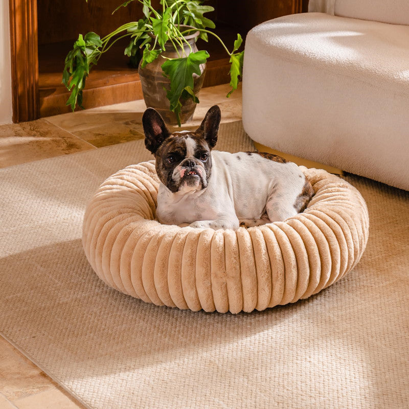 Plush Round Pet Bed With Warm Vertical Stripe Comfort Mat