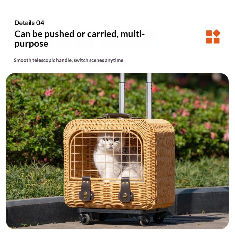 Portable Woven Rattan Pet Carrier With Ventilated Handle Design