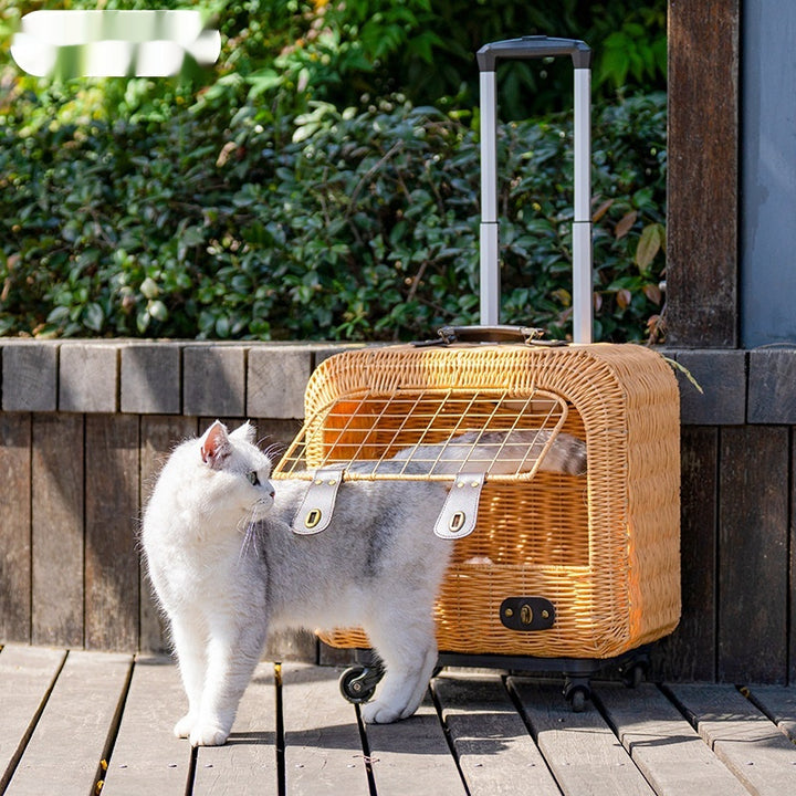 Portable Woven Rattan Pet Carrier With Ventilated Handle Design