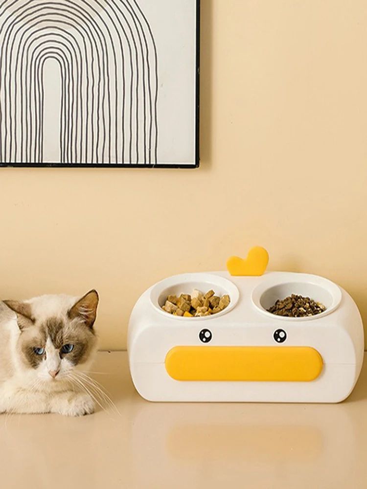 Duck Design Double Bowl Pet Feeding Tray For Food And Water