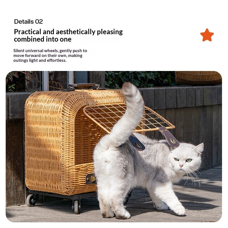 Portable Woven Rattan Pet Carrier With Ventilated Handle Design